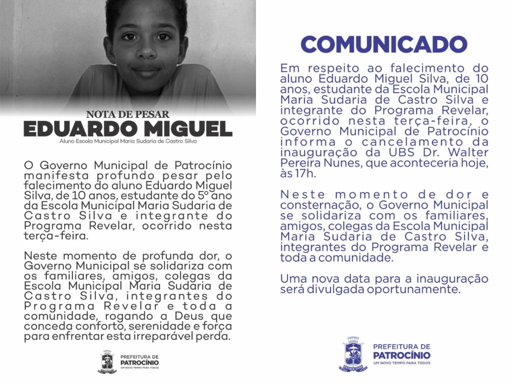 Prefeitura de Patrocínio divulga nota de pesar pela morte de criança e cancela inauguração de UBS