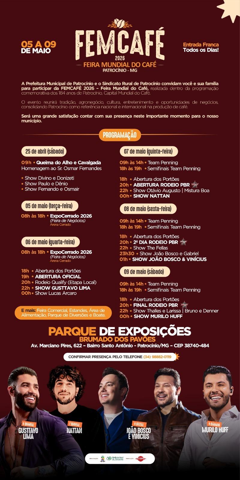 Imagem 1 do post Divulgada programação completa da FEMCAFÉ 2026 que terá shows, rodeio e feira de negócios